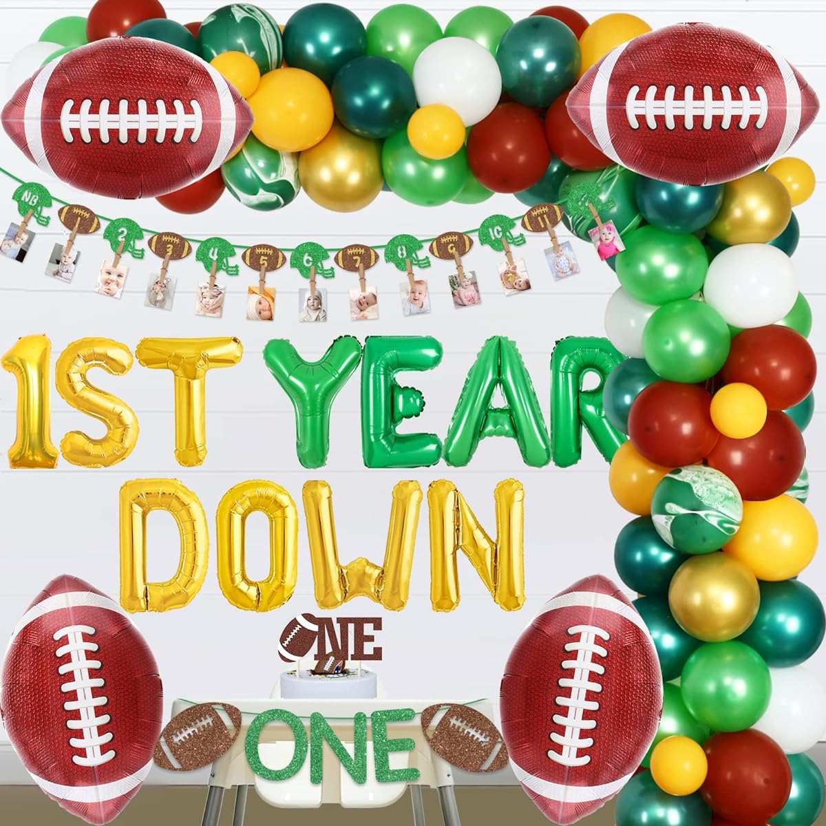 Football 1st Birthday Decorations - 1st Birthday Decorations Balloon Garland with Football Balloons, Football Monthly Photo Banner, Highchair Banner and Cake Topper for Boy's First Birthday