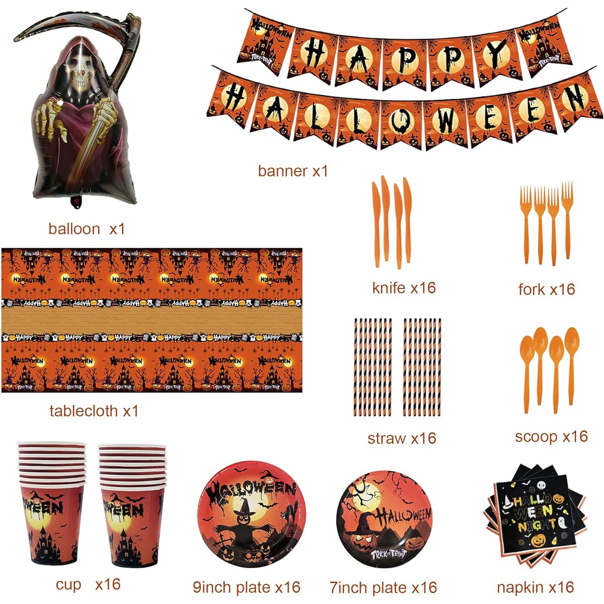 AIBIIN 155 Pieces Halloween Party Plates Kit for Kids, Halloween Party Decorations, Halloween Paper Plates, Cups, Straw Napkins, Table Cover, Balloons and Banners for Halloween Birthday Baby Shower Party Supplies