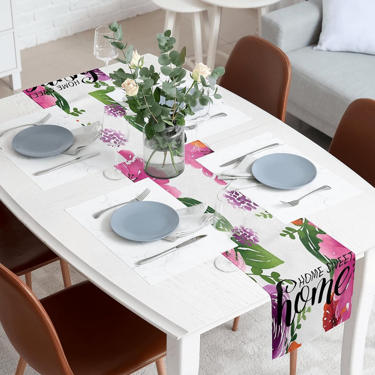 Farmhouse Floral Spring Summer Table Runner Seasonal Holiday Kitchen Dining Table Runner Home Party Indoor Decor 13 x 72 Inch (Purple Rose, 13 x 72 Inch)