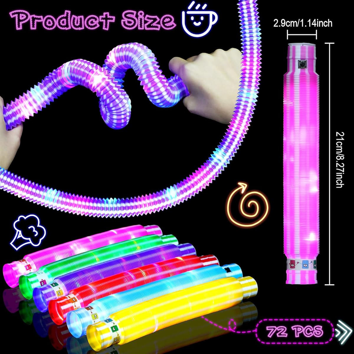 72pcs Valentine's Day Gift LED Light Up Tubes Sensory Toys Glow Sticks for Kids Glow in the Dark Party Supplies Fidget Tubes Stretch Glow Sticks Light Up Tubes LED Glow Tubes for Party 6 Colors