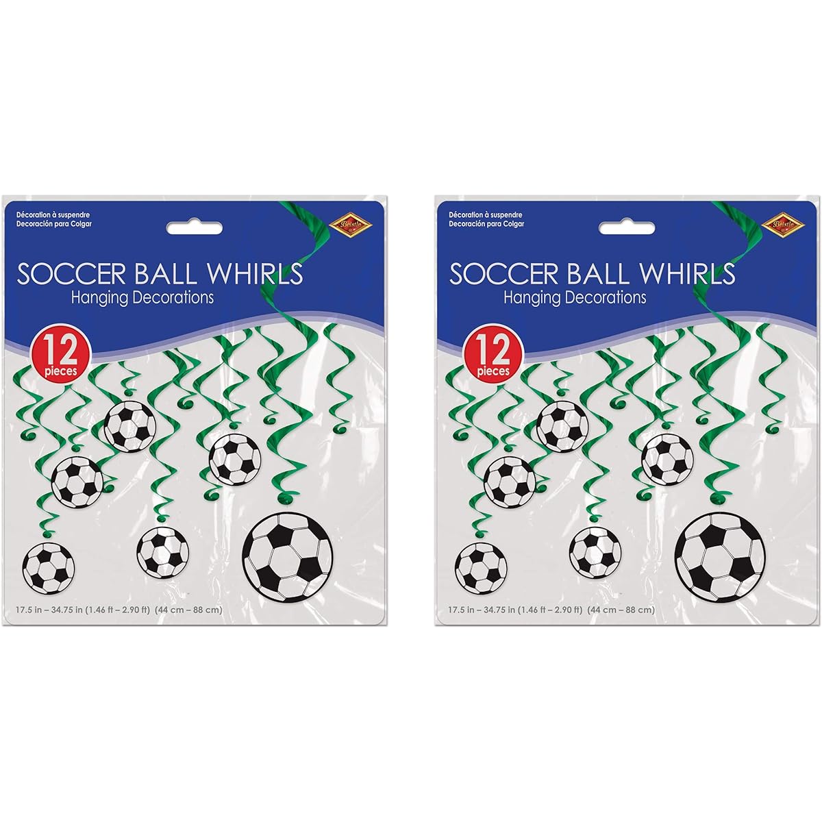 Beistle 53615 Soccer Ball Swirls, 24 Pieces Hanging Spiral Decorations, Sports Party Supplies, 17.5"-34.75", Green/Black/White, 17.5"-34.75" 53615