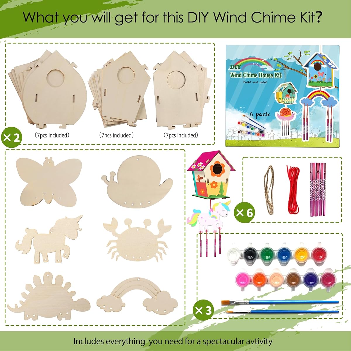 OLLIDOT Birdhouse Kit for Kids DIY Birdhouse Wind Chime Kit to Assemble and Paint, Paints & Brushes Included, Wooden Craft Kit for Kids Girls Boys Toddlers 4-8 Years 8-12 Years