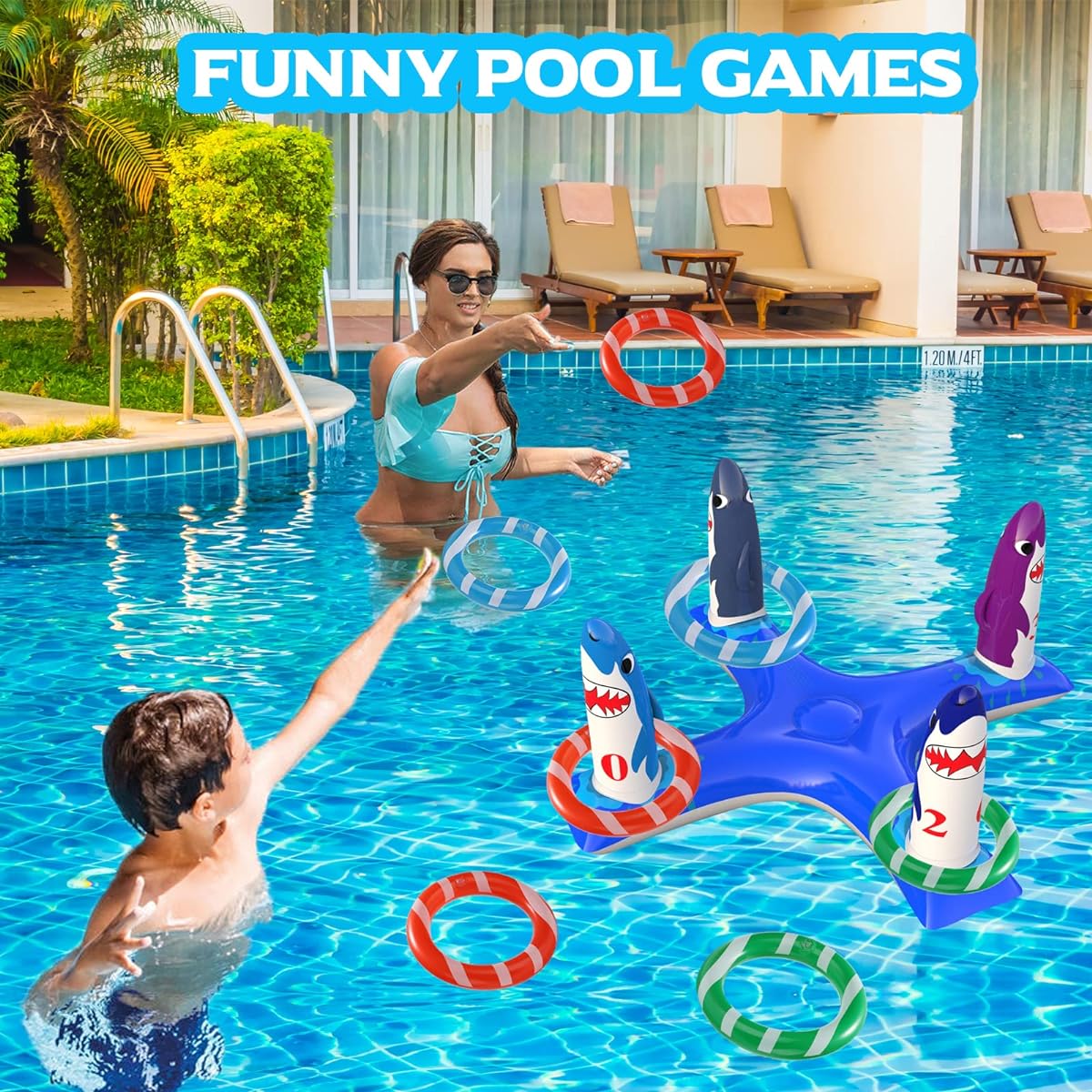 Uniqhia Inflatable Pool Ring Toss Game Toy Floating Shark Flamingo Dinosaur Unicorn Swimming Pool Ring with 6 Rings Swimming Pool Games for Kids Adults Summer Pool Party
