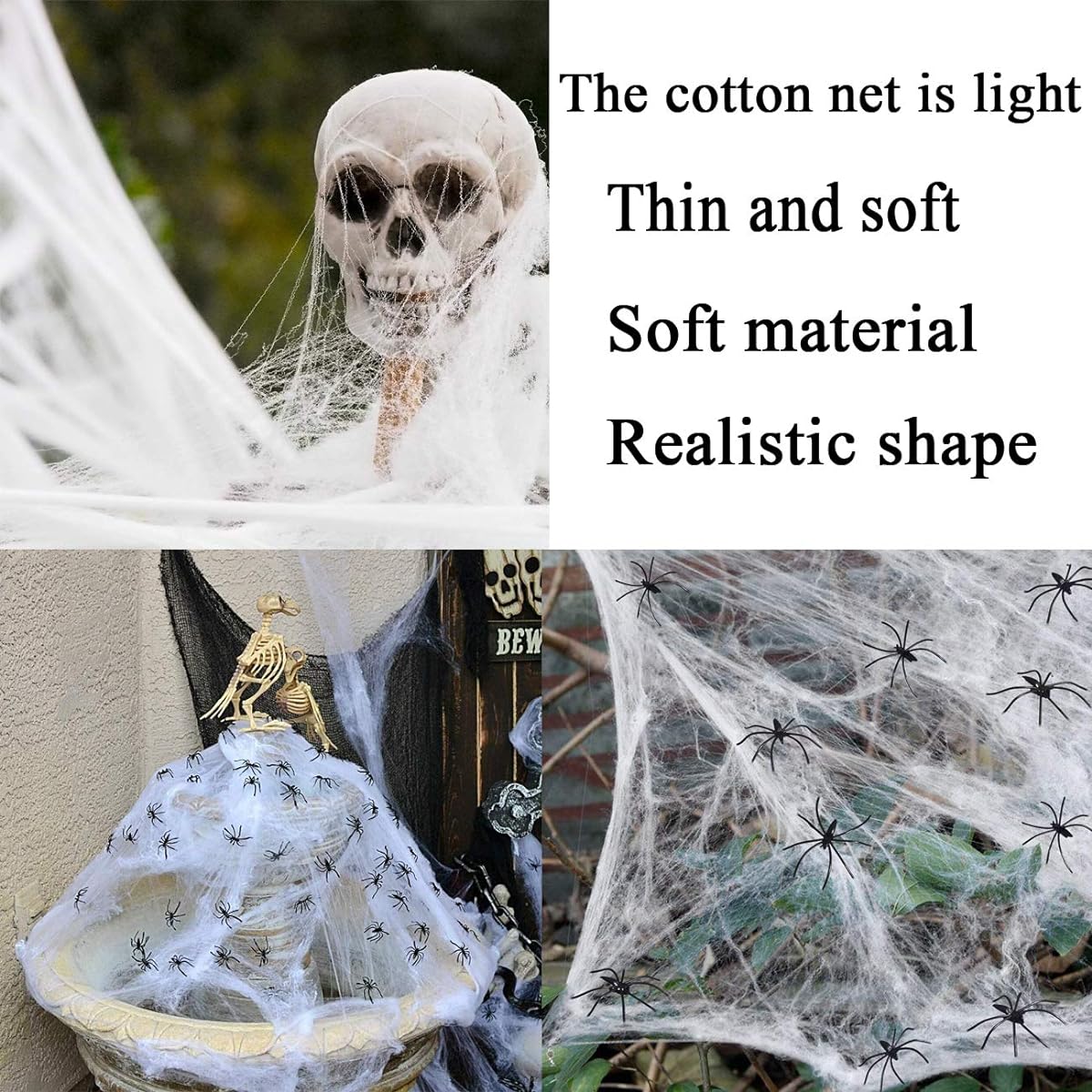 UCSAJI 2 Pieces 300 Square Feet Halloween Stretch Spider Web 60 Pieces Faux Plastic Spider Web Scary Spider Web Halloween Party Home Decoration Garden Decoration
