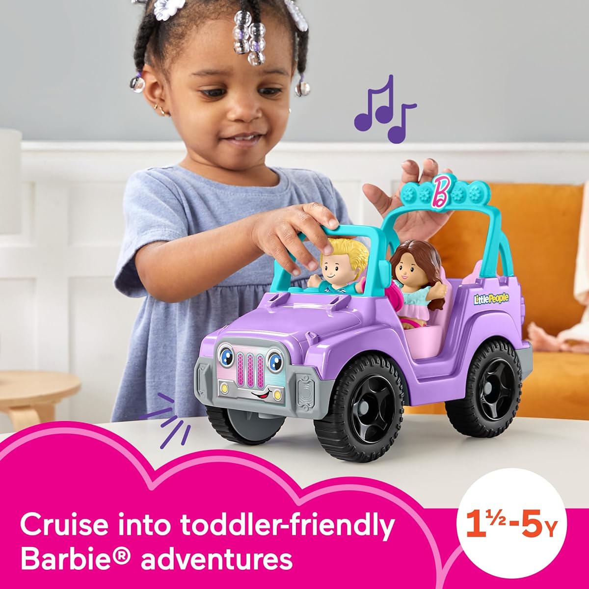 Fisher-Price Little People Barbie Toddler Toy Car with Music Sounds and 2 Figures, Beach Cruiser