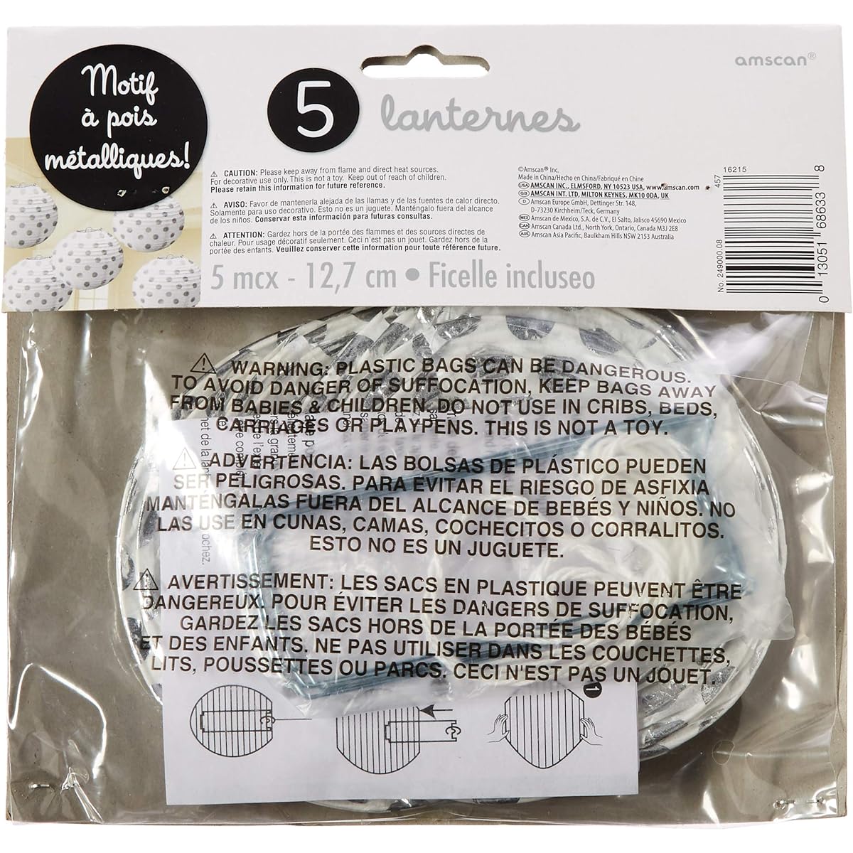 Amscan International White Hot Stamped Paper Lantern Decorations (5 Pack)