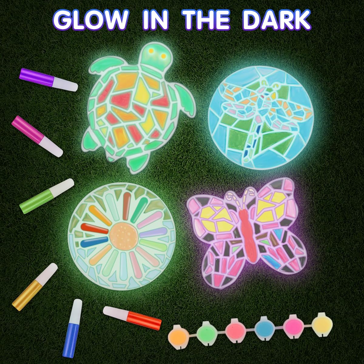Qtioucp Painting Kit for Kids, 24 Vibrant Acrylic Paints & 12 Glow in the Dark, 4 5" Stepping Stones & 12 Creativity Stones Set - Give Kids the Art and Craft of Painting Their Own Stepping Stones
