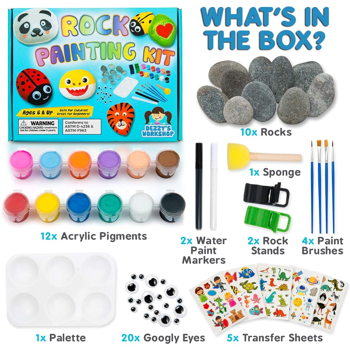 Deluxe Rock Painting Kit - Colorful Art Supplies Set for Kids and Tweens - Safe Non-Toxic Educational Toy - Arts and Crafts for Kids Ages 6 to 12 - Includes Brushes, Googly Eyes, and Transfer Stickers