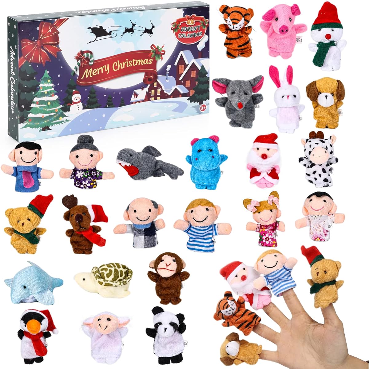 Christmas Advent Calendar 2022 with Finger Puppet Toys, 24 Day Countdown Calendar Animal Puppets Family Plush Toys Christmas Party Favors for Toddlers Kids Girls Boys