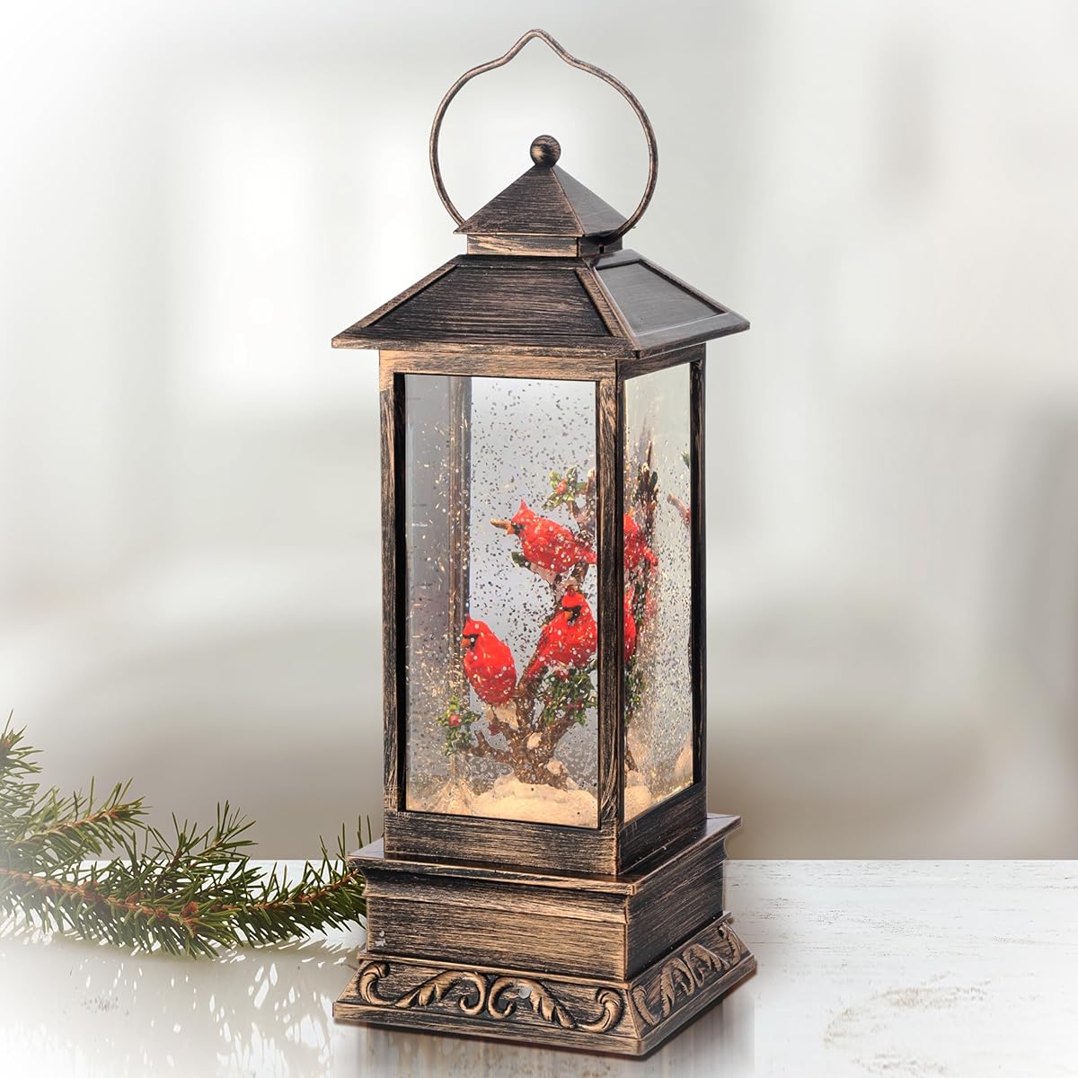 Textured Bronze Lantern Cardinal LED on Branch 12 Inch Metal Tabletop Water Snow Glove