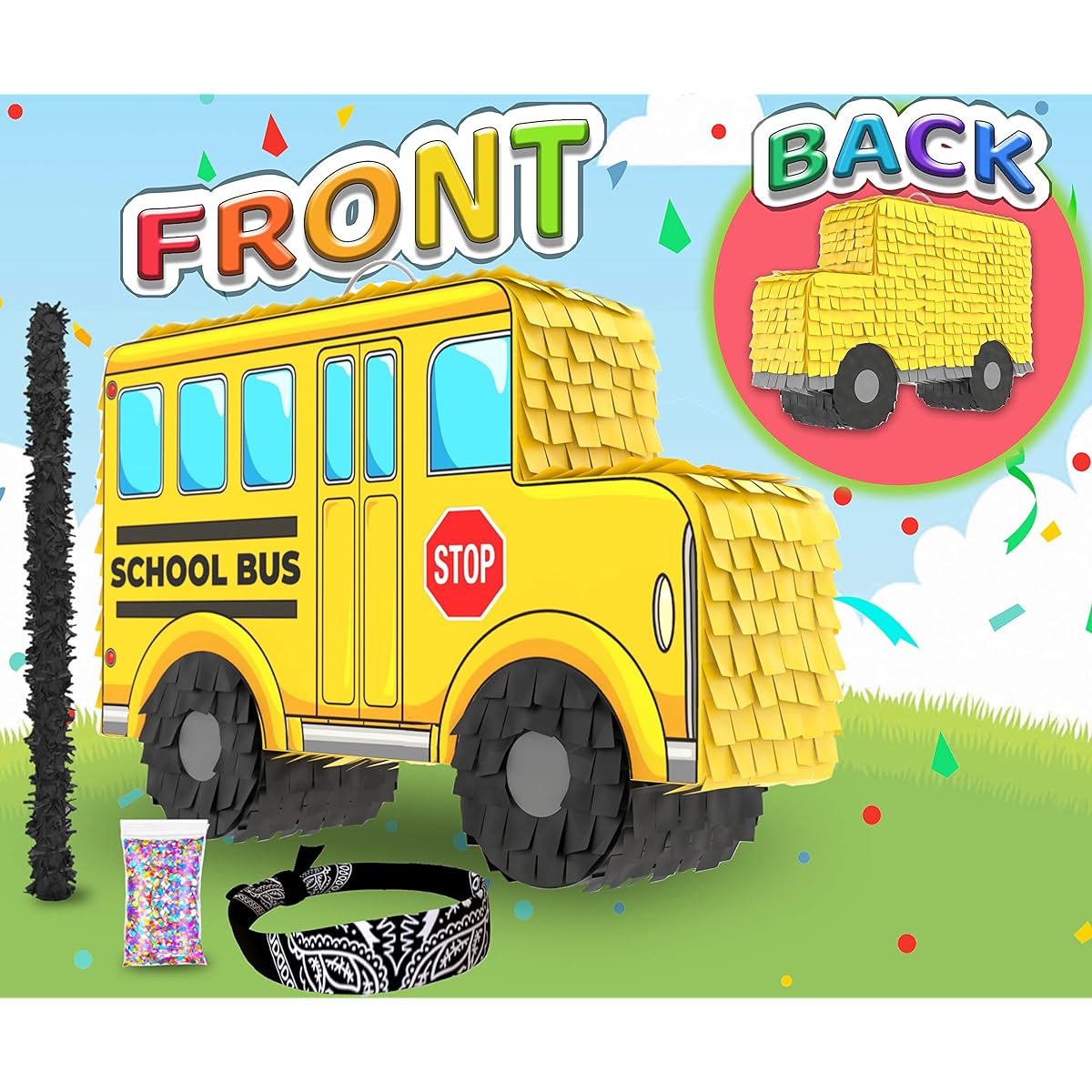 4 Piece School Bus Pinata Set, Perfect for Cartoon Birthday Party, Kids 1st 2nd 3rd Birthday Party Decorations, Classroom Essentials (16" x 10"), Durable