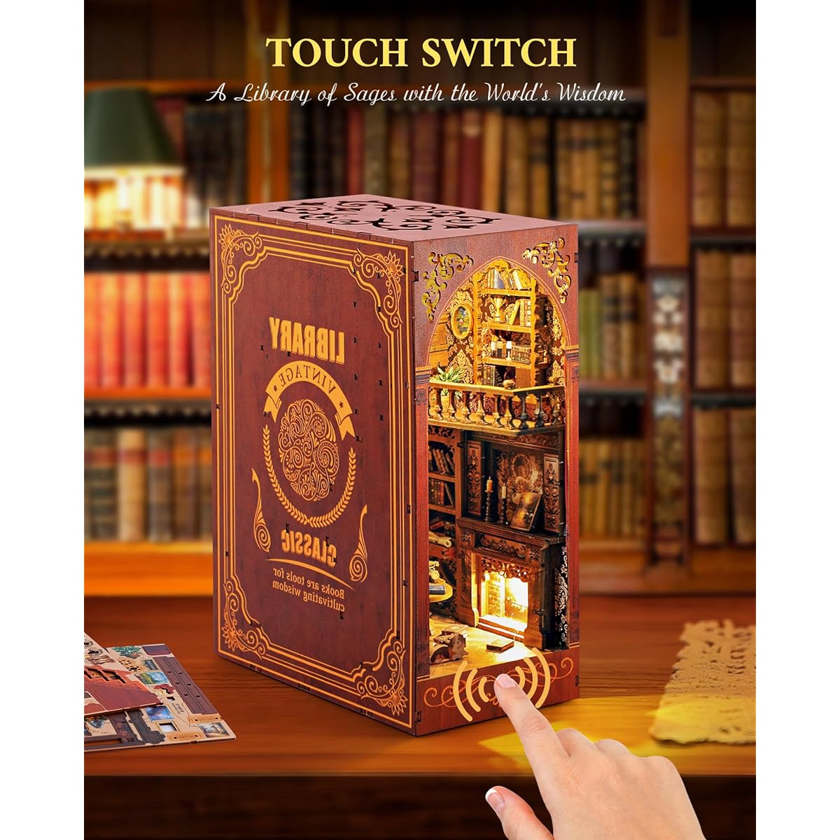 Book Nook Kit Miniature Dollhouse DIY Wooden Dollhouse Toy with Night Light Assembling Mini Model for Ages 14+ Teens and Adults Gift (Sage Library)