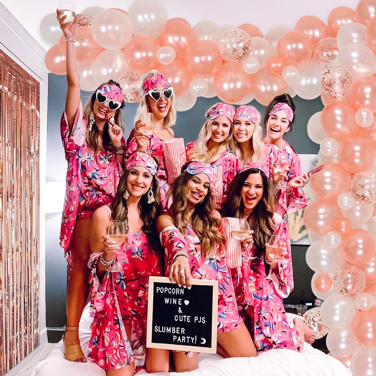 Pajama Party Supplies for Girls Women Rose Gold Balloon Garland Kit Sleepover Slumber Party Ladies Night Spa Party Decorations Foil Tinsel Curtains Pajama Party Balloon Banner