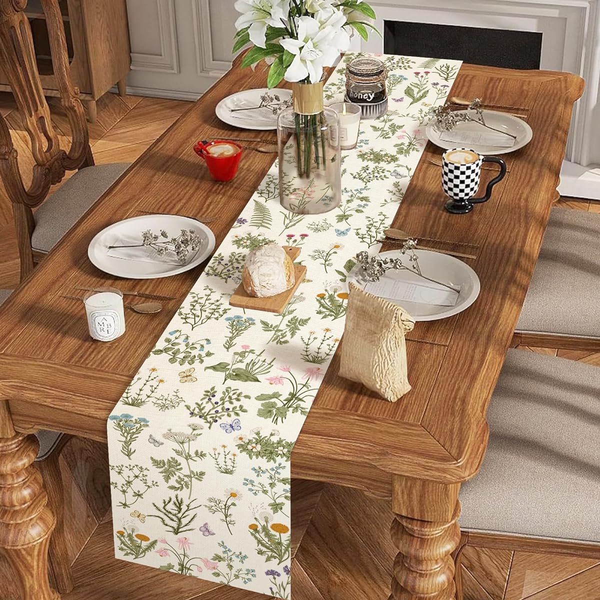 APKPK Spring Wildflower Table Runner, Floral Leaves Summer Butterfly Herbs Table Runner Spring Kitchen Dining Table Decorations for Home Party Decor 13x72inch