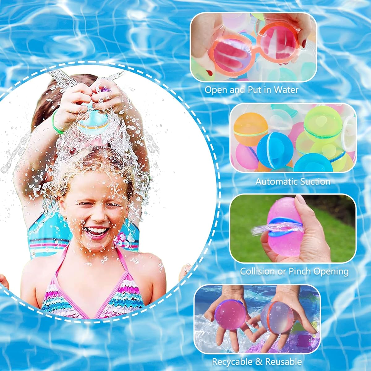 Qidordour SOPPYCID 6pcs Refillable Reusable Water Balloons for Kids Quick Fill Self Seal Water Bomb Balls Magnetic Water Splash Balls Swimming Pool Water Fight Playing Toys