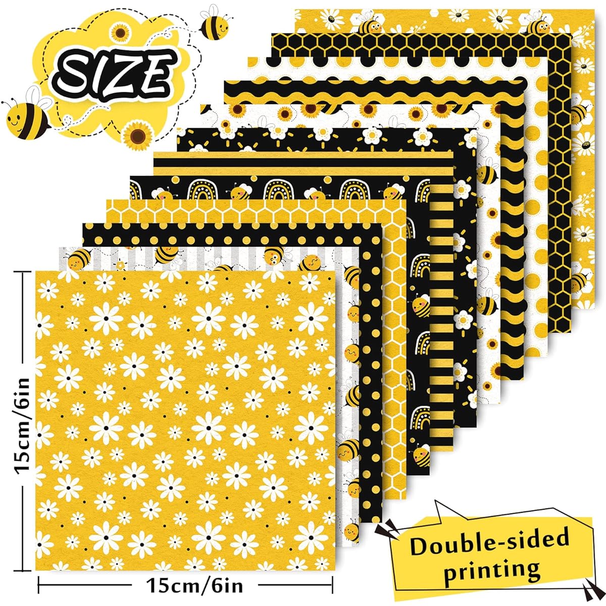 Whaline 12 Designs Bee Pattern Paper Pack of 24 Sheets Yellow Black Honeycomb Scrapbook Paper Double Sided Collection Decorative Craft Paper for Card Making Scrapbooking Photo Album Decoration 6 x 6 Inches