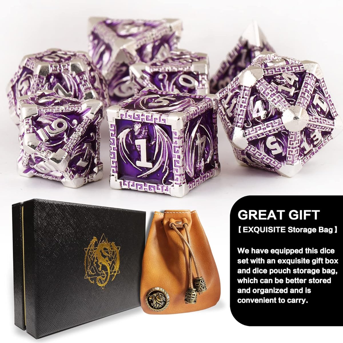 DND Dice Metal Dragon Set Unique Dragon Design Dice with Gift Dice Bag for Dungeons & Dragons Games Magic the Gathering D&D Dice Set (Silver Purple)