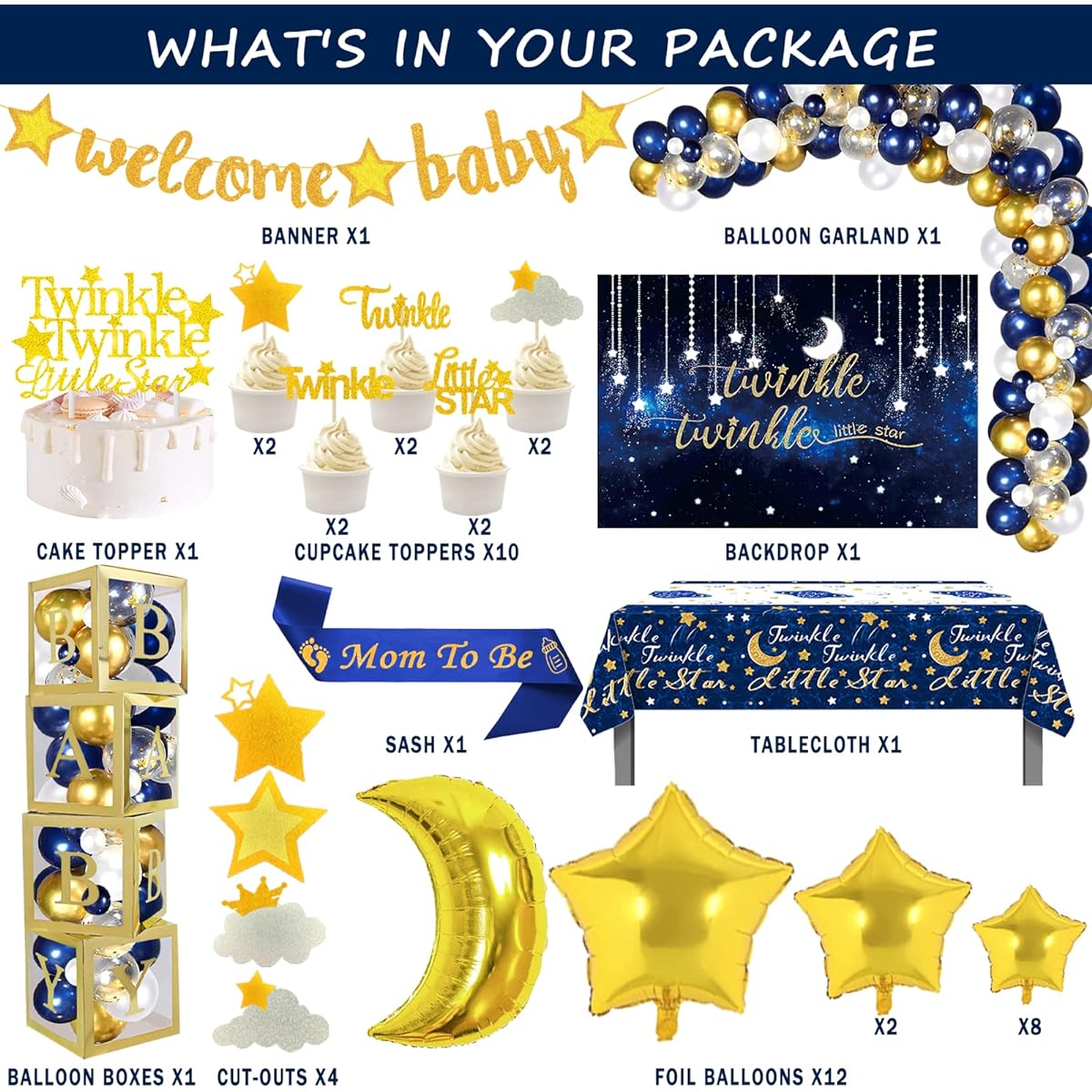 Hombae 162 Pieces Twinkle Twinkle Stars Baby Shower Decorations Navy Blue Little Stars Baby Shower Background Balloon Garland Glitter Banner Tablecloth Cake Cupcake Topper Box Cutout Mom To Be Sash