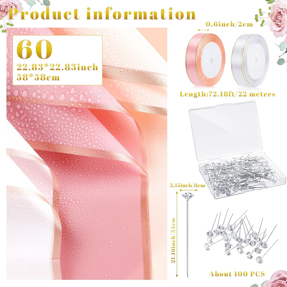 60 Sheets Flower Wrapping Paper 22.8 x 22.8 Inch Floral Wrapping Paper Sheets Rose Bouquet Paper Wrap with 2 Rolls Ribbon 100 Pieces Flower Pins 60 Pieces 3D Butterflies for Mother's Day (Pink, Rose Pink, White)
