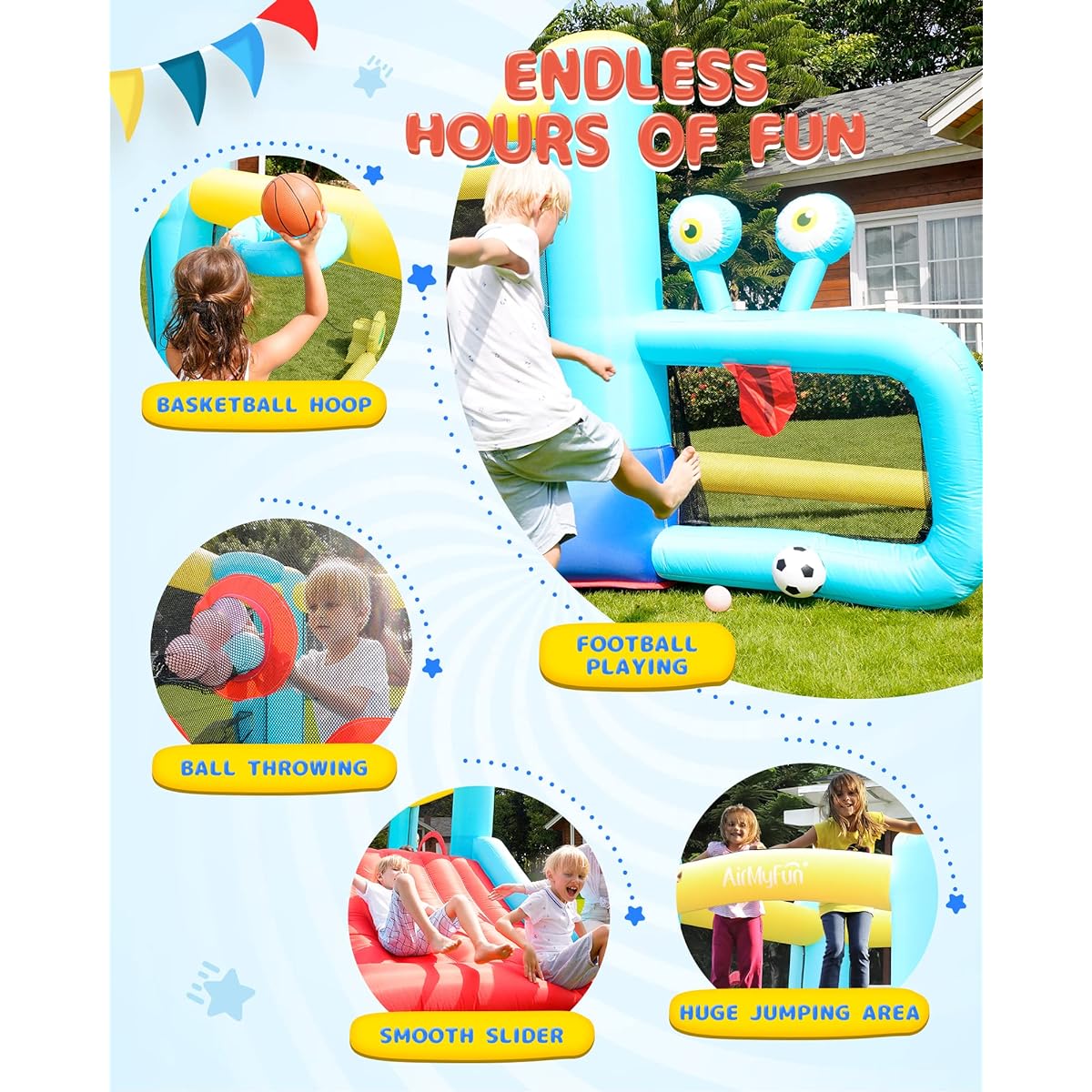 AirMyFun Bounce House Inflatable Bouncer Jump House with Blower Kids Party Theme Bouncy Castle Basketball Hoop Football Play A82029