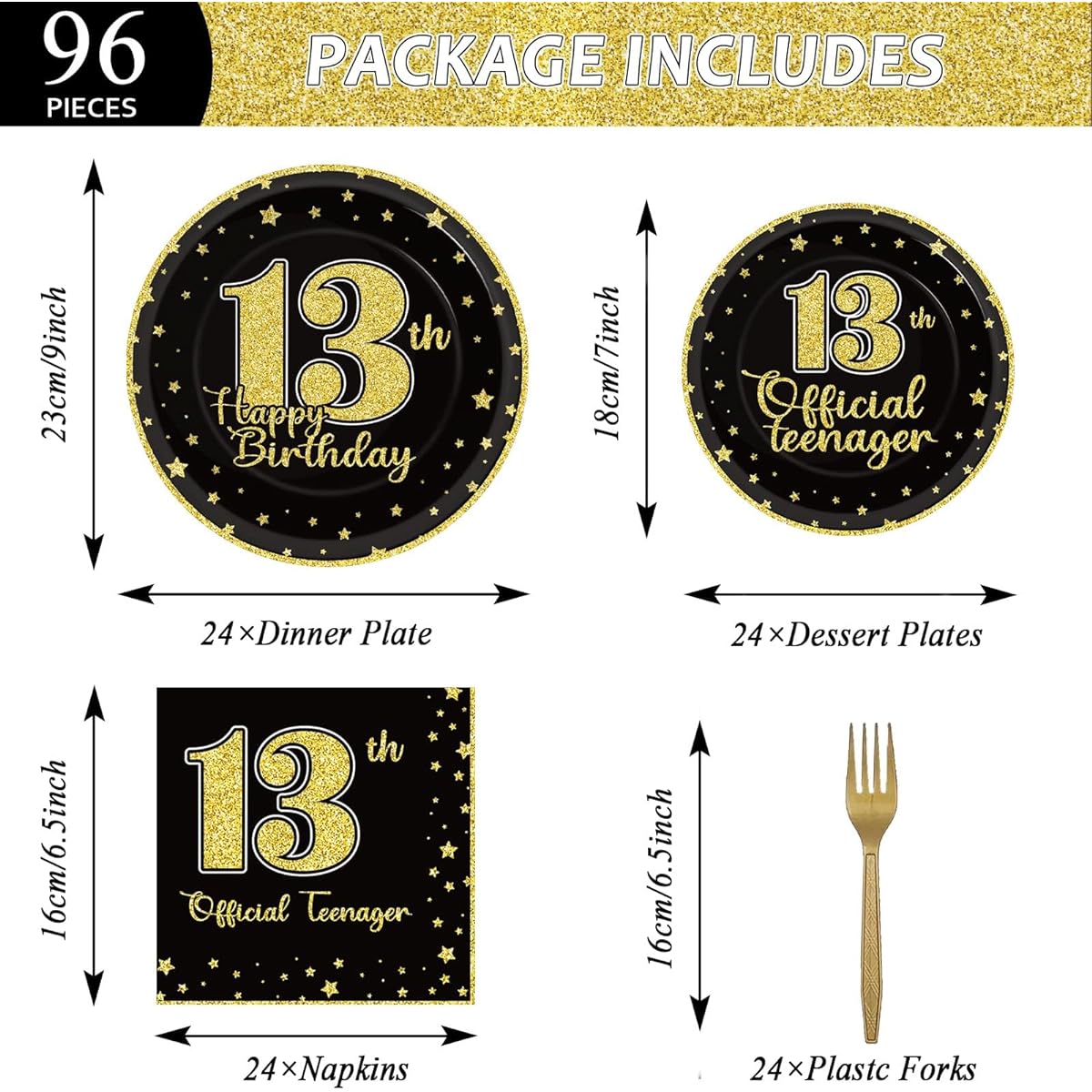 96 Pieces 13th Birthday Party Supplies Official Teenager 13 Year Old Tableware Table Decorations Black Gold Birthday Plates for Teenagers Boys Girls 13 Years Old Birthday Party Favors for 24 People