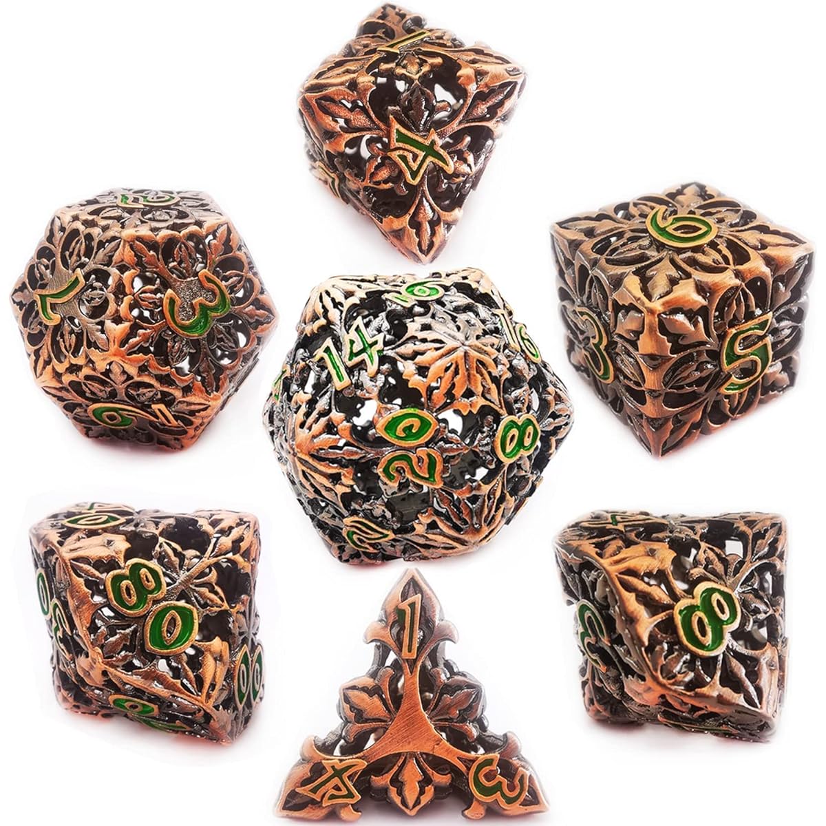 HAOMEJA Hollow Metal Flower Dice DND 7 Set Role Playing Dice D&D Dungeons & Dragons Ancient Red Copper
