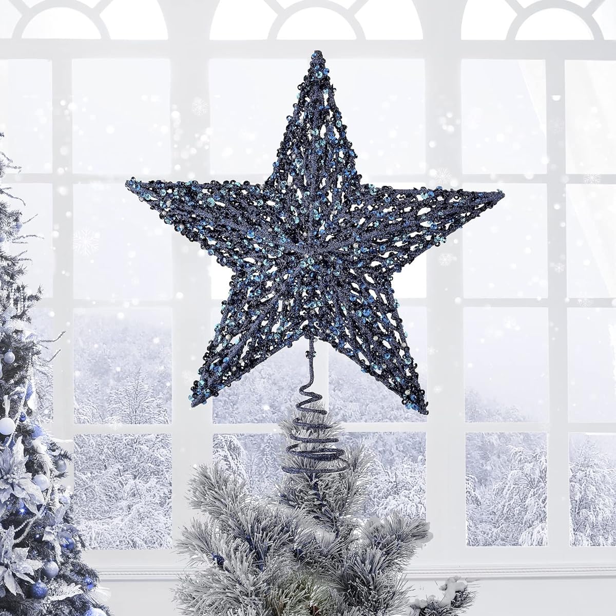 Regency International Sequin, Beaded and Glitter Star Christmas Tree Topper, 13" Tall, Blue