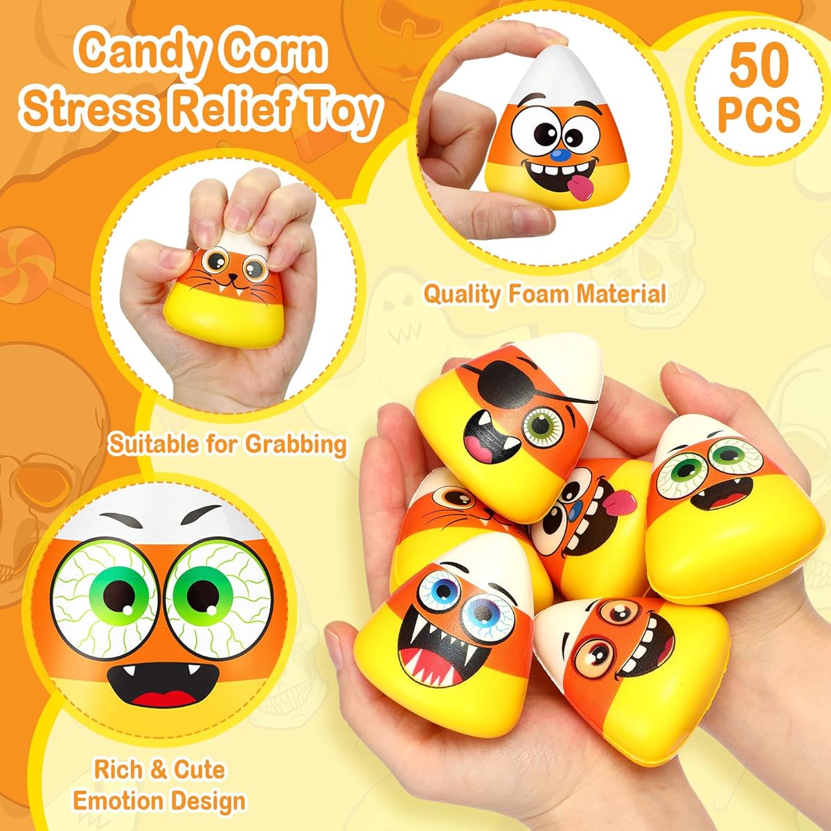 Meooeck 50pcs Mini Candy Corn Stress Relief Fidget Toys Halloween Party Favors Candy Stretch Balls Emotion Trick or Treat Supplies for Halloween Party Birthday Goodie Bag Fillers 6 Expressions