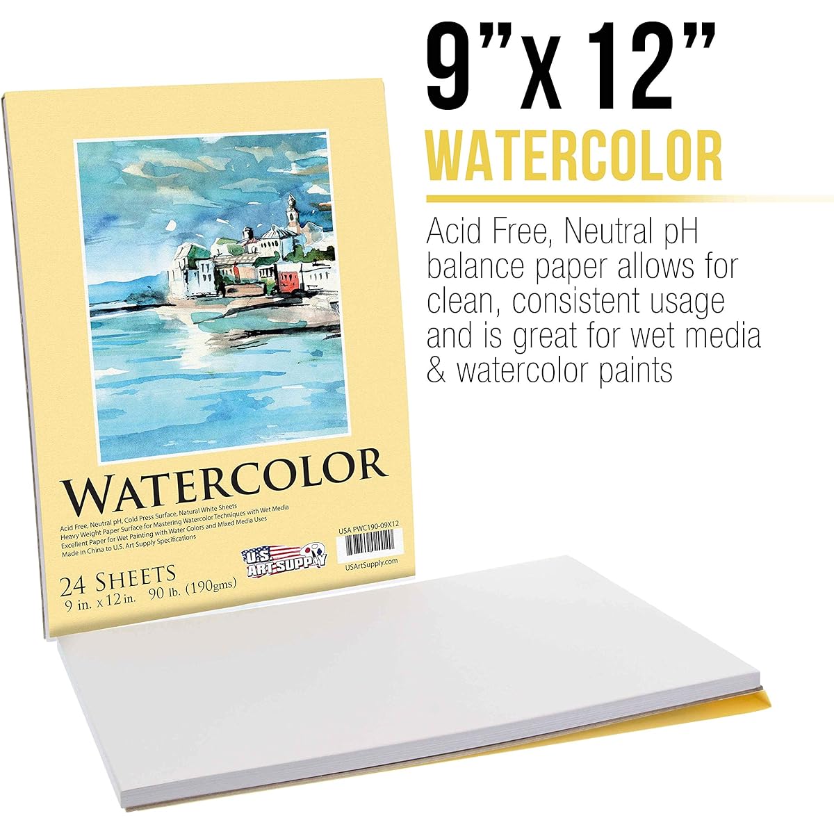 Title: U.S. Art Supply 9 x 12 Premium Extra Heavy-Weight Watercolor Painting Paper Pad, 90 Pound (190gsm), Pad of 24-Sheets by US Art Supply
