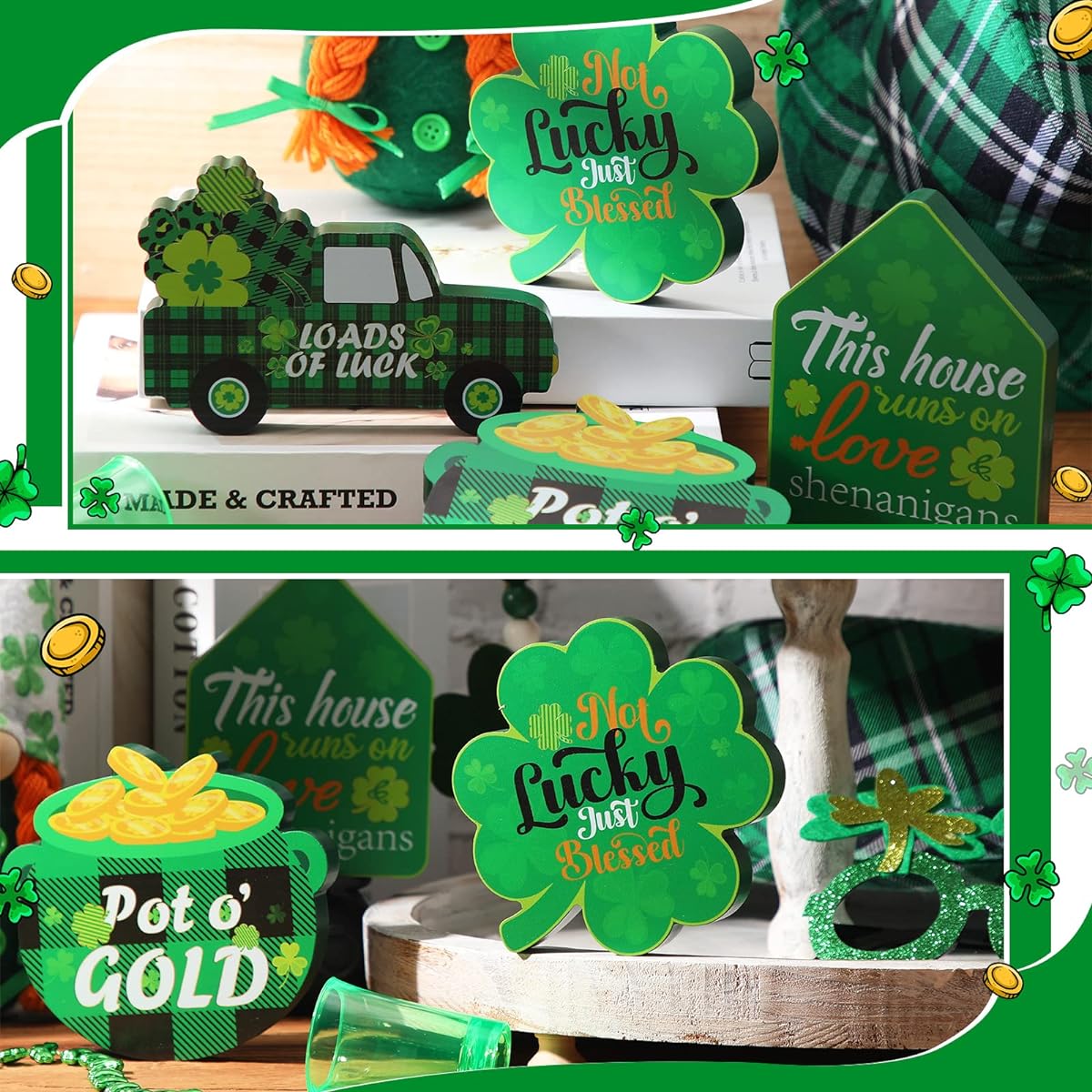 St. Patrick's Day Table Wooden Sign Set of 4 Home Pot Truck Lucky Shamrock Wooden Sign Buffalo Check Freestanding Irish Decor St. Patrick's Day Tiered Tray Desk Office Home Party Decoration 4 Styles