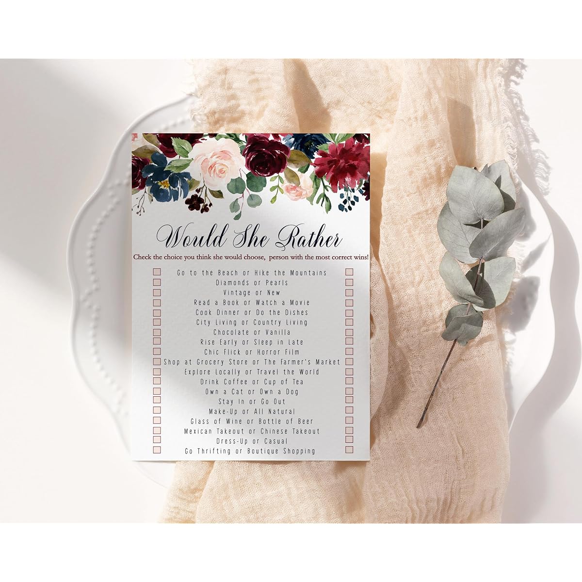 Indigo Floral Would She Rather Game (25 Pieces) Bridal Shower - Baby Shower Girl or Boy - Adult Birthday - Who Knows Mommy Best - Guessing Activity - Rustic Flower Party Supplies