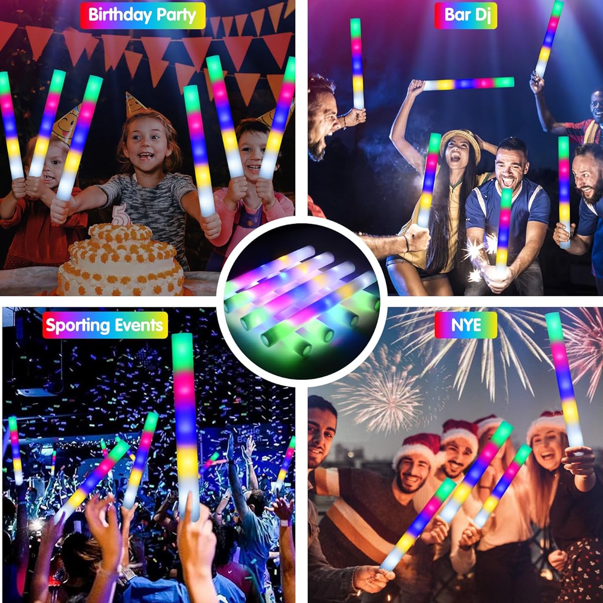 OLUPP Glow Sticks Bulk 100pcs Giant 16" LED Foam Sticks 5 Colors Flashing Light Up Baton Wands for Kids Glow Sticks Party Supplies for Weddings Raves Concerts Camping Sporting Events
