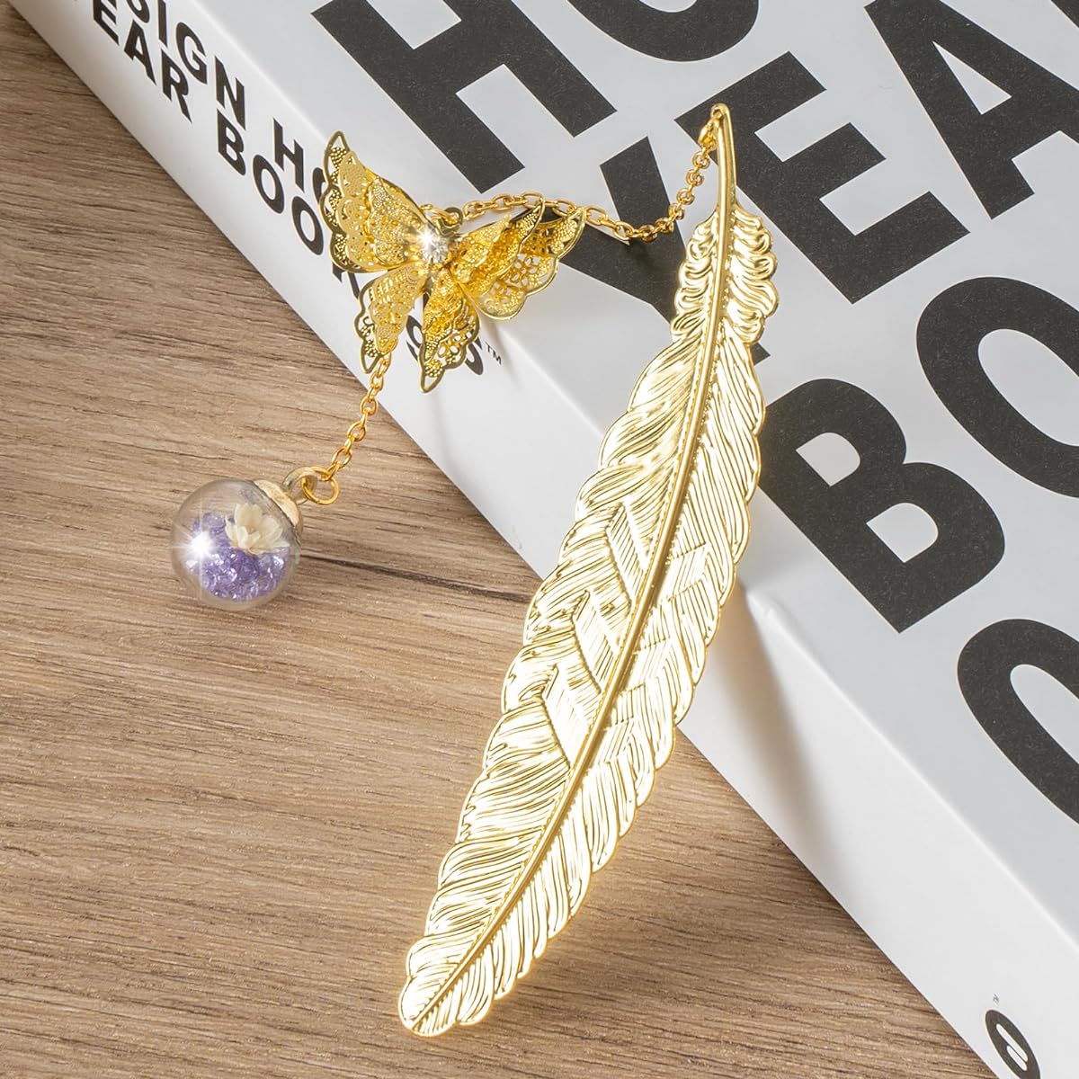 Harphia Book Accessories Gift Pack Golden Feather Bookmark with Golden Butterfly, Purple Diamond and White Floret Pendant with Rose Craft Paper Card Envelope 014Rgftpur