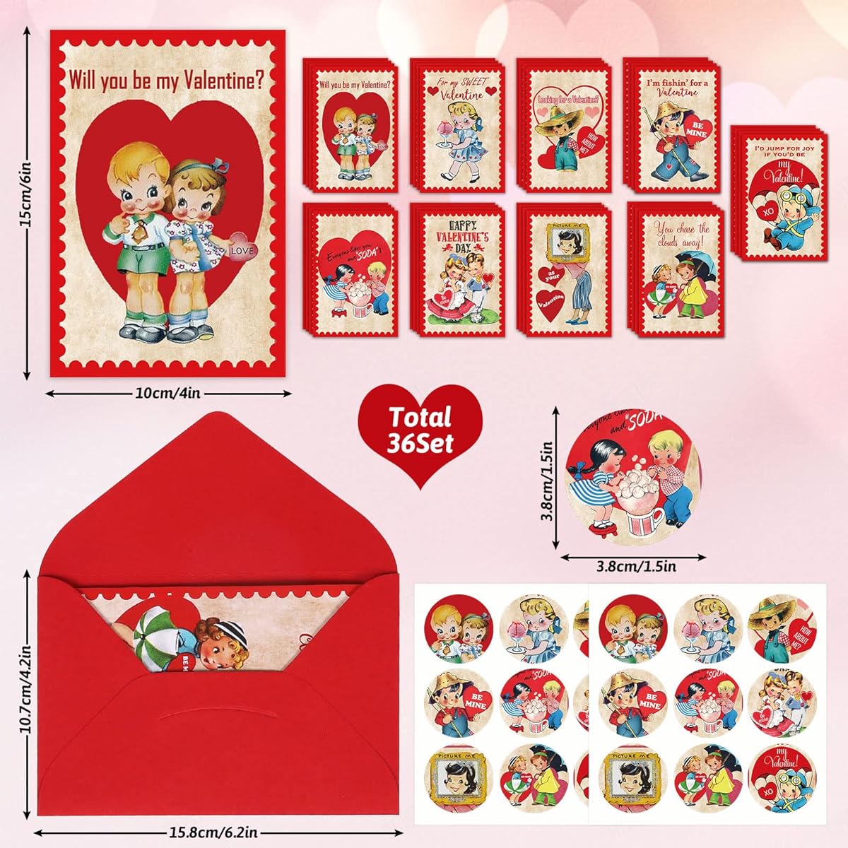 Whaline Valentine's Day Card Kit Vintage Style Greeting Cards with Red Envelopes Cute Boys Girls Print Blank Note Cards 4 x 6 inches Wedding Anniversary Supplies 9 Designs