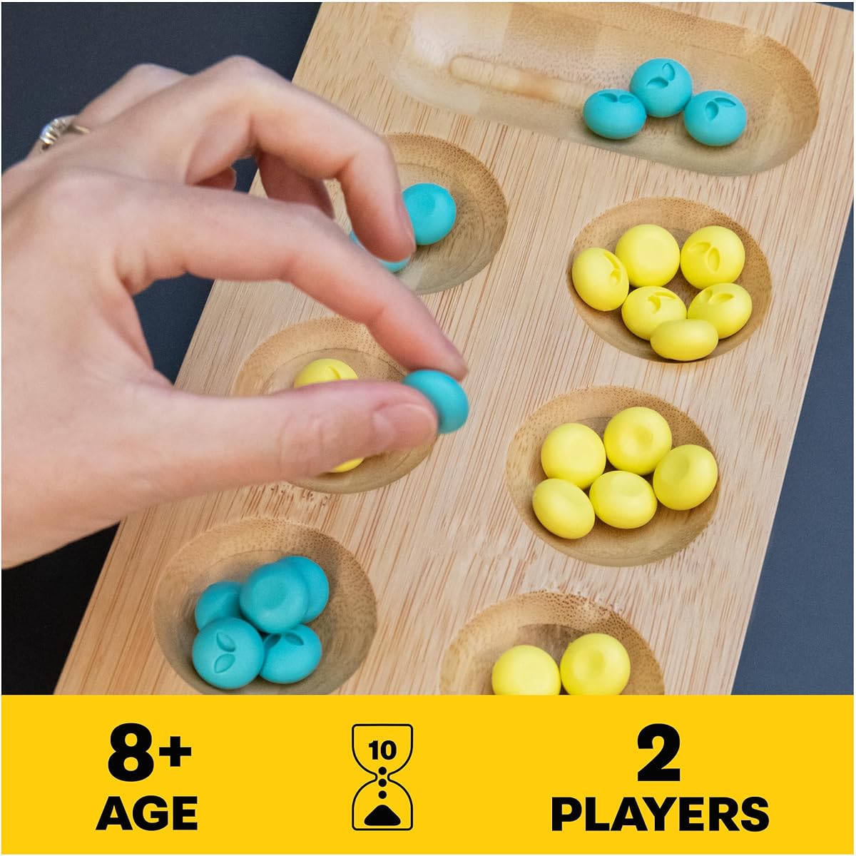 Mindful Classics Mancala Board Game Made of Bamboo & Recycled Plastic, Earth Day, Eco-Friendly Product, Ages 8+