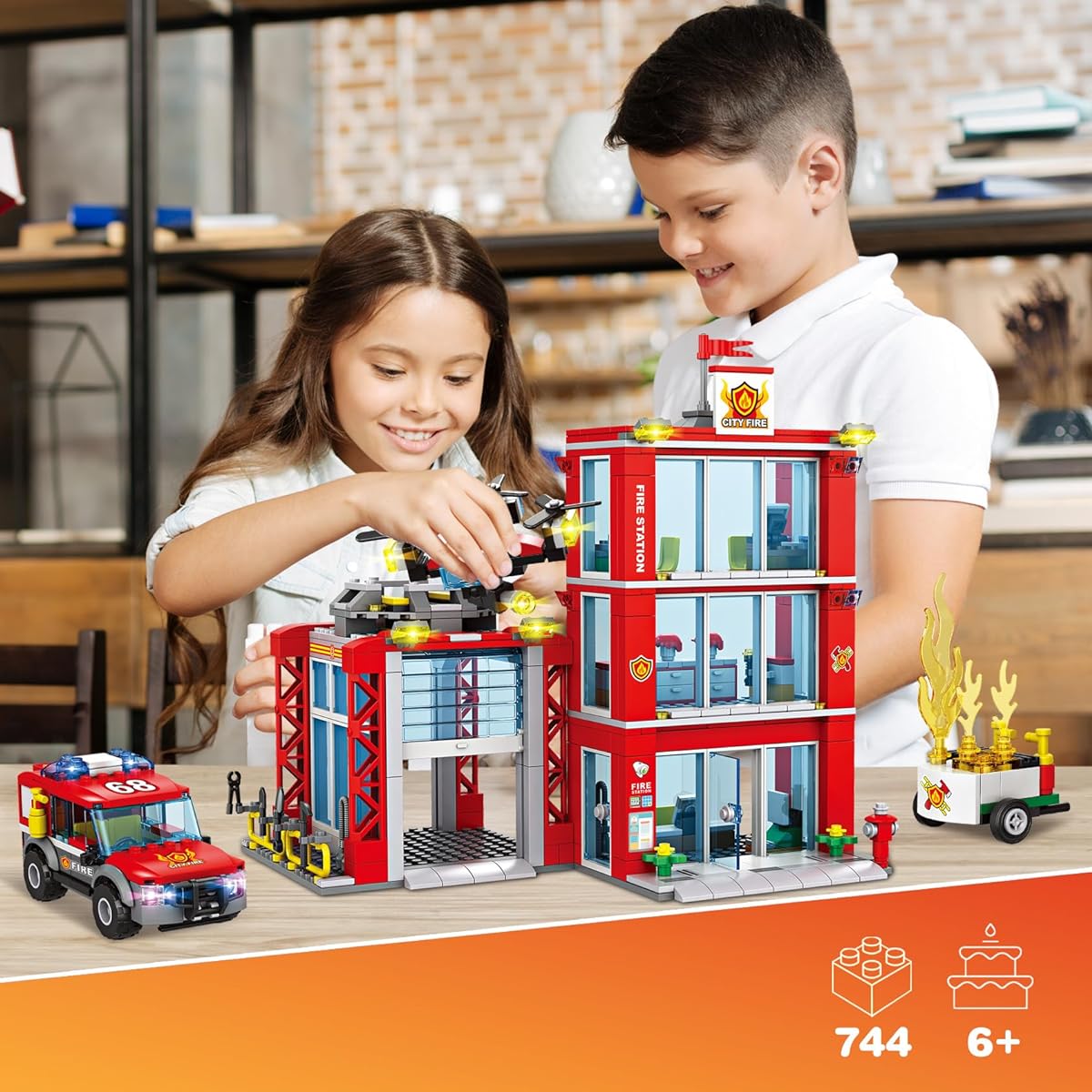 City Fire Station Building Blocks Set with Fire Engine, Fire Helicopter, Drone & Fire Truck Toy, Fire Brigade Center Playset, Firefighter Role Play Toy for Kids Boys Girls Ages 6+ (744 Pieces)