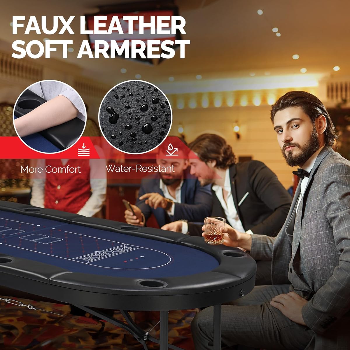 PEXMOR 8 Player Foldable Poker Table, Foldable Texas Hold'em Blackjack Casino Game Table with Deep Stainless Steel Cup Holders | Casino Grade Felt | Waterproof Cushion Rails, Fully Assembled
