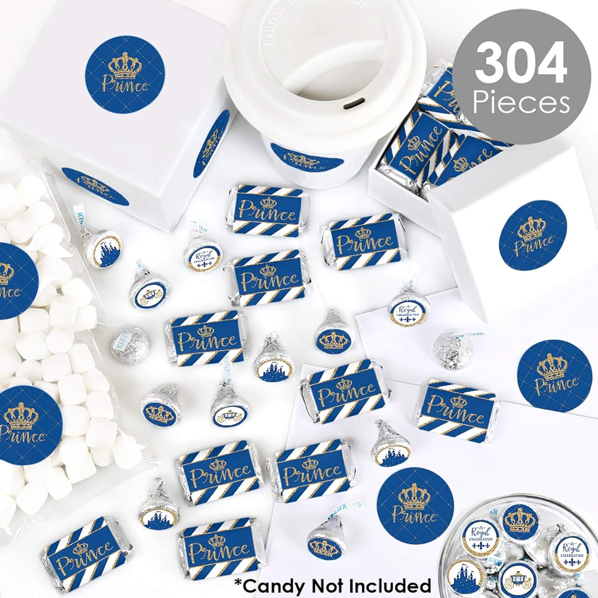 Royal Prince Charming - Mini Candy Bar Wrappers, Round Candy Stickers, Circle Stickers - Baby Shower or Birthday Party Candy Favors Sticker Kit - 304 Pieces