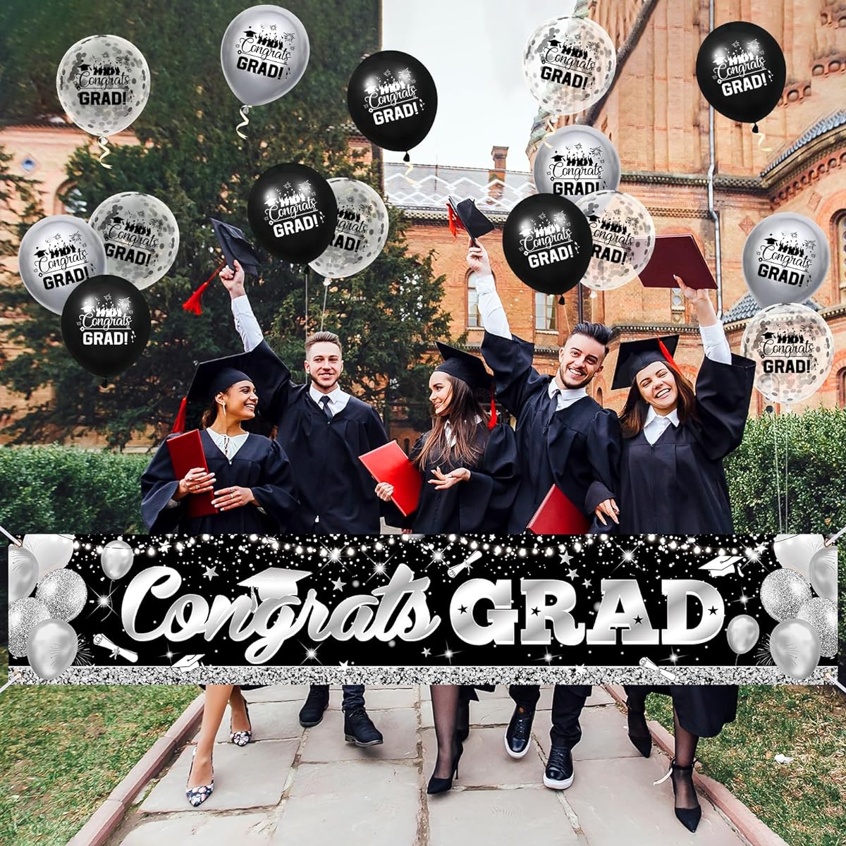 Graduation Party Decorations Black Silver Graduation Banner Balloon Set Congratulations on Your Graduation Yard Banner with 18 Balloons for Class of 2024 Party Signs Decorations College High School Party Supplies Outdoor