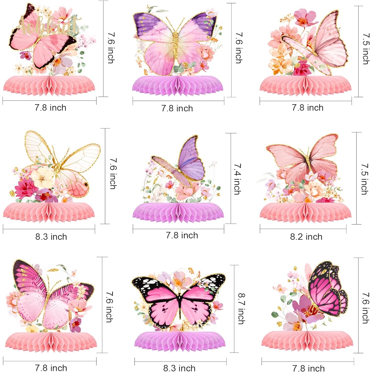 AOBKIAT 9 Pack Butterfly Party Decorations - Glitter Honeycomb Centerpieces with Pink Flowers for Birthday, Baby Bridal Shower, Wedding, Engagement, Gender Reveal