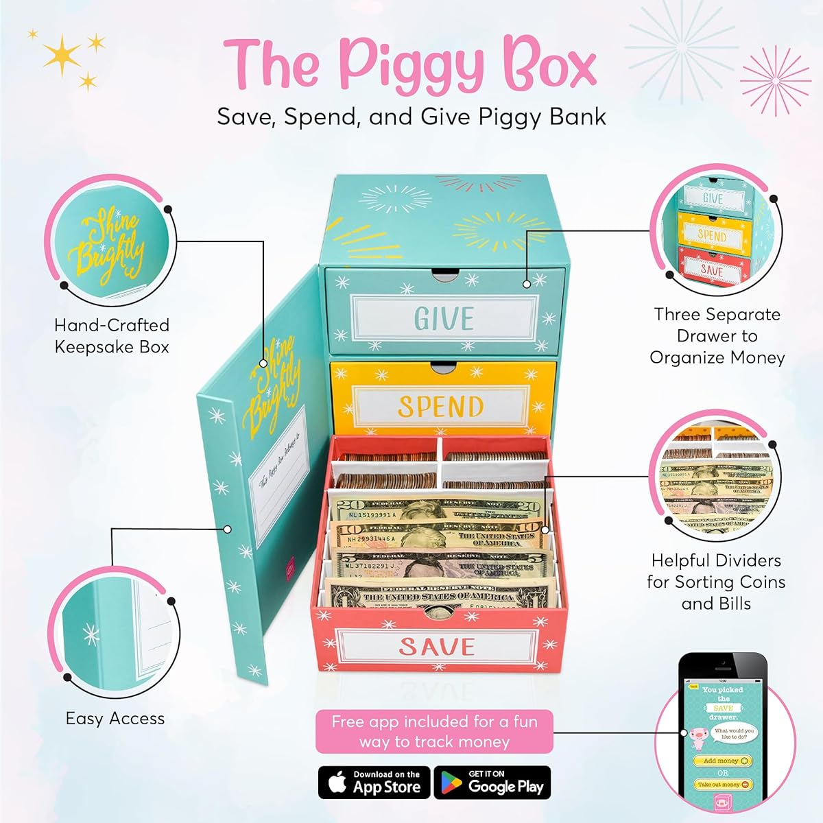 The Piggy Box Save Spend Give Money Box | Teach Your Kids About Saving and Giving Money | 3 Drawers for Bills and Coins | Great Birthday/Holiday Gift & Room Decor