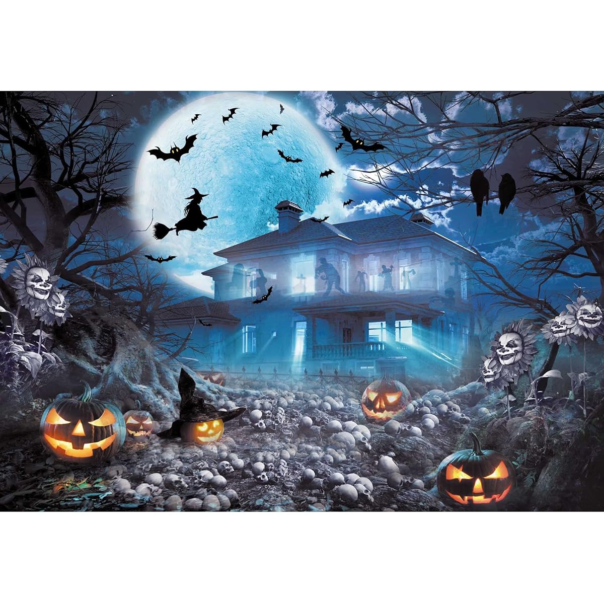 Rieetmk Halloween Vinyl 7x5ft Photography Backdrop Night Castle Witch Pumpkin Spooky Skull Party Decorations Banner Photo Background Props