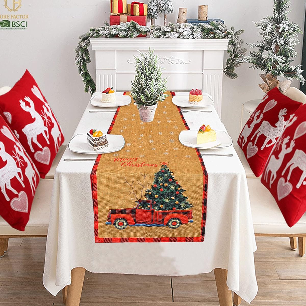 BUSOHA Christmas Table Runner Red Truck Christmas Tree Merry Christmas Table Runner 13x70inch for Christmas/Holiday/Party/Table/Home Decoration