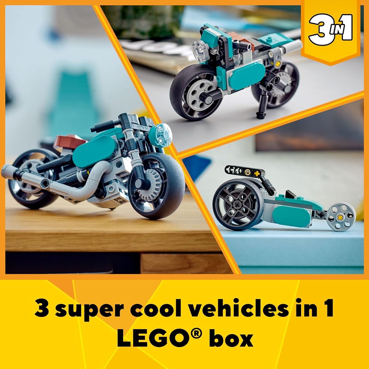 LEGO Creator 3-in-1 Vintage Bike Set, Converts from Classic Bike to Street Bike to Dragster Car, Vehicle Building Toy, Great Gift for Boys/Girls/Kids, Ages 8+, 31135