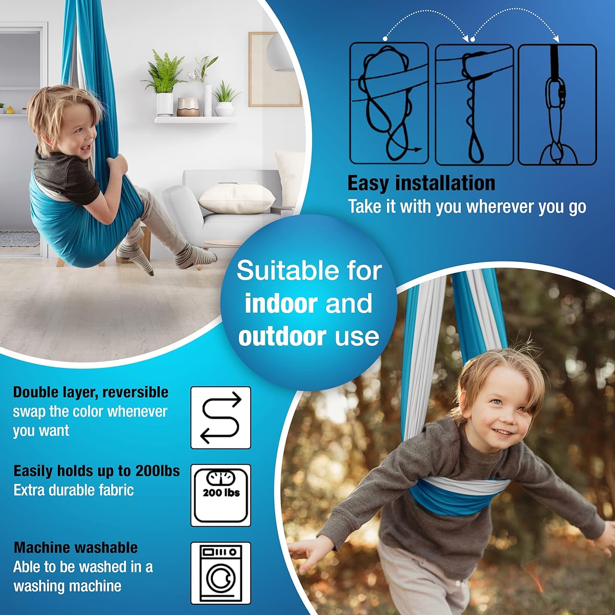 Sensory Swing + 360° Rotating Hanger, Double Layer Indoor + Outdoor Swing, Hanging Pod Chair for Kids, Sensory Disabilities, Autism, ADHD, Anxiety, Therapy Swing, Pod Swing Chair (Blue/Gray)