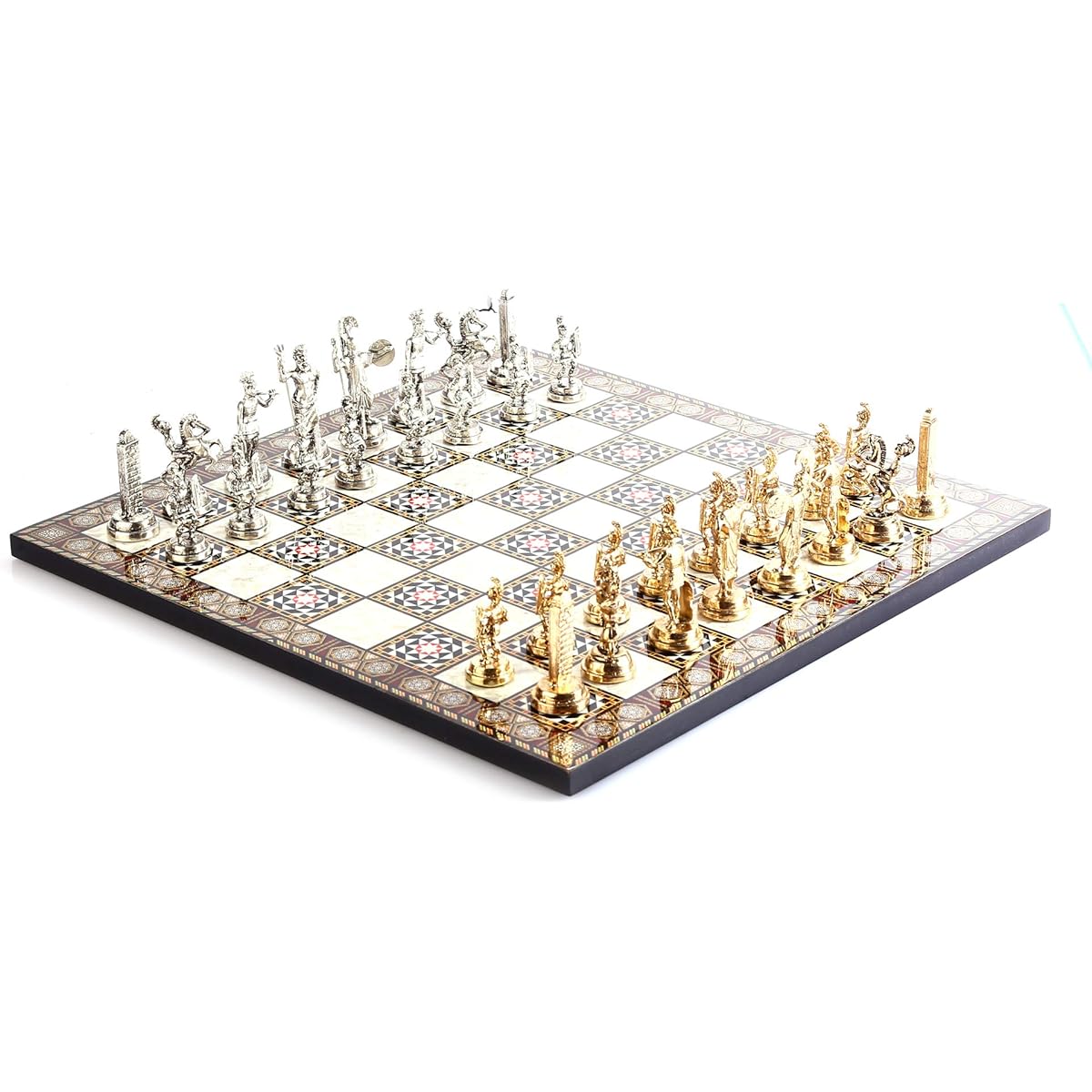 GiftHome Historical Roman Figures Metal Chess Set for Adults, Handmade Pieces, Mosaic Design, Wooden Chess Board, King 2.8 Inch