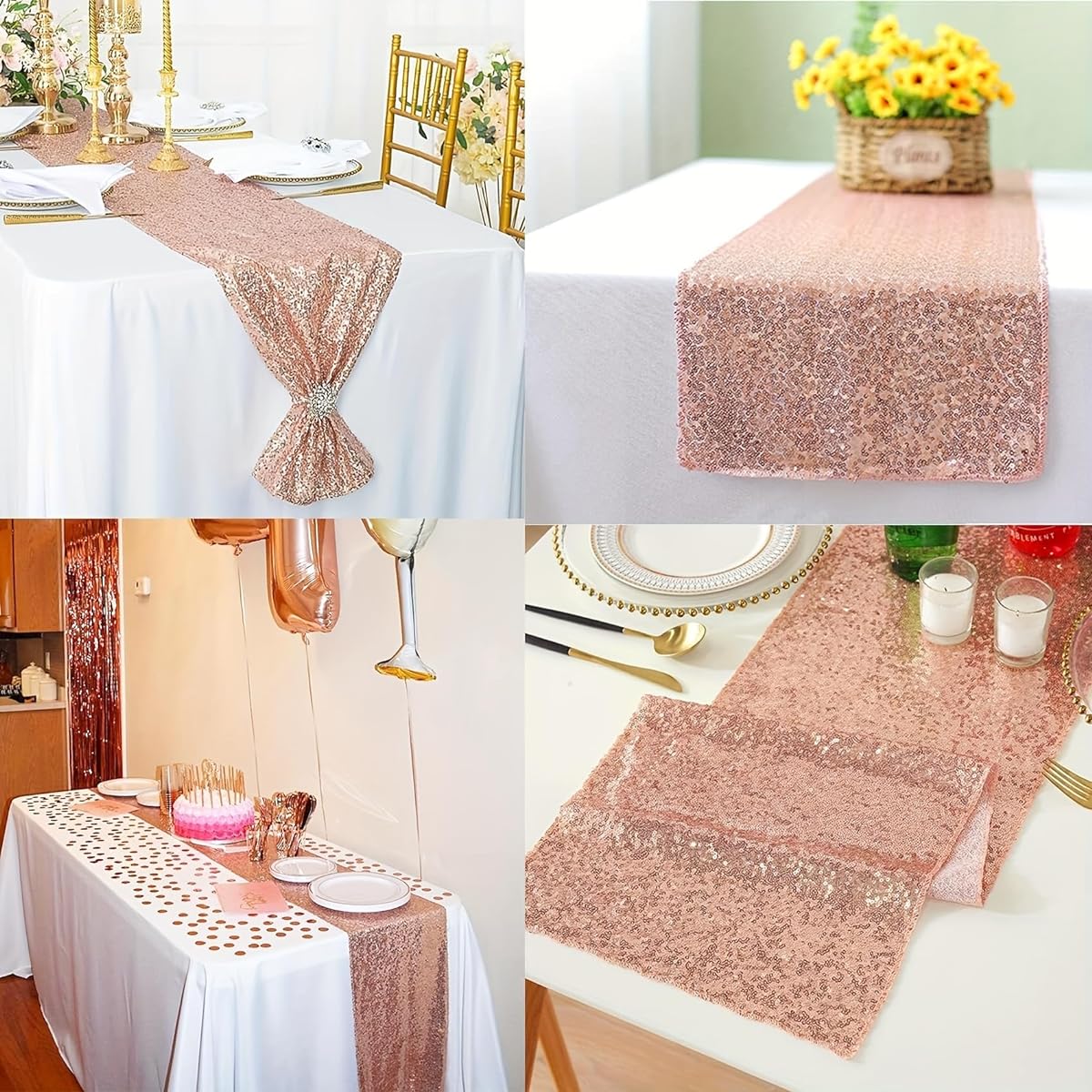 MENGQ Rose Gold Table Runner 12"x72" 5 Pack Sequin Table Runner Party Decoration Glitter Table Linen Runner Glitter Dinner Party Supplies for Baby Shower Holiday Celebration