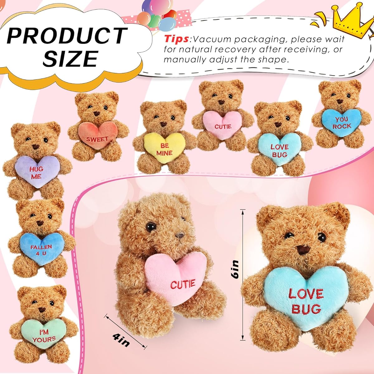Hanaive 8pcs Valentine's Day Stuffed Animals Bulk Valentine Plush Animal Toys Hug Heart Sweet Romantic Anniversary Birthday Funny Gifts for Girls Boys Her (Bear)