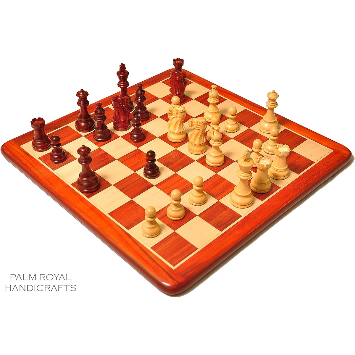Palm Royal Handicrafts 18" x 18" Tournament Wooden Chess Board Set, Chessmen King Size 3.75" Inlaid with PADAUK, Boxwood, 32 Pieces, Includes 2 Spare Queens