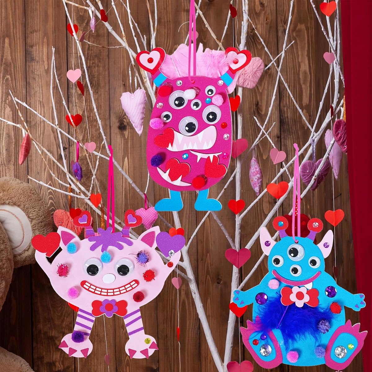 24 Sets Valentine's Day Monster Ornaments DIY Foam Monster Ornaments Craft Kit Assorted Foam Monster Cutouts with Hearts Feathers Pompoms Goolie Eyes for Kids Classroom Home Activities